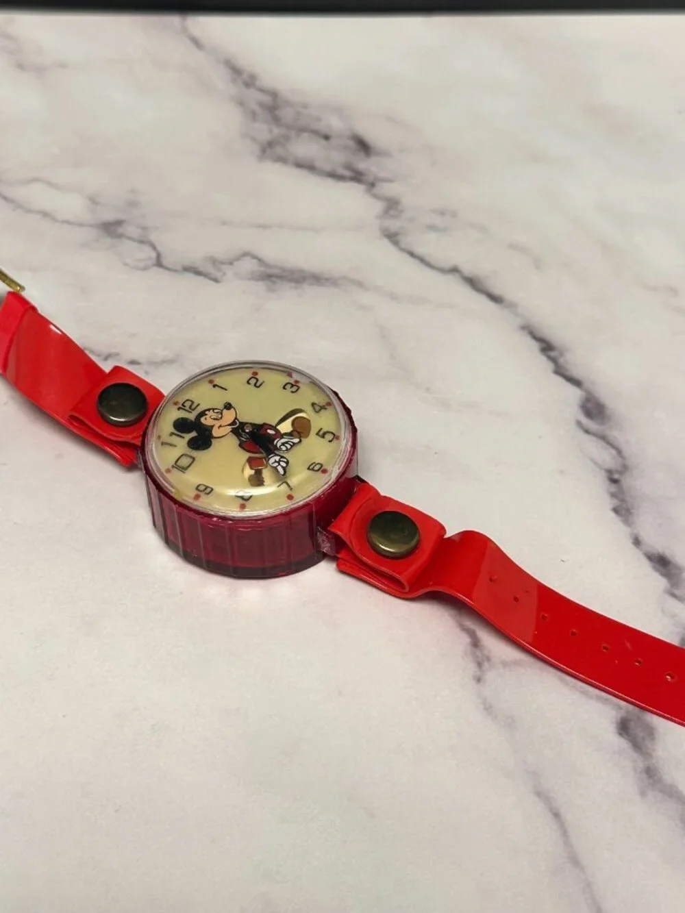 Vintage Mickey Mouse Wind Up Watch Kids Red Plastic Marx Toys 1970s Working 7.5